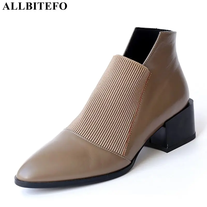 

ALLBITEFO fahsion brand genuine leather thick heel ankle boots for women high quality women martin boots women high heel shoes