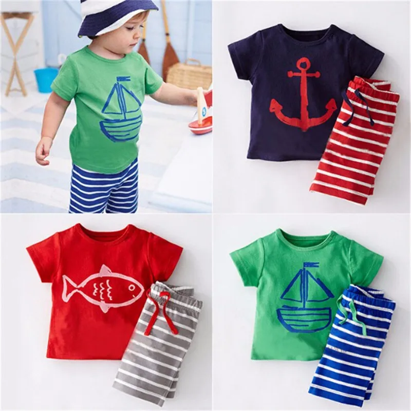 

2018 Children Summer Clothes Sets Pirate Ship Cartoon Printed T-shirt + Stripe Pants Children Boy Clothes 2 pcs. set RT-155