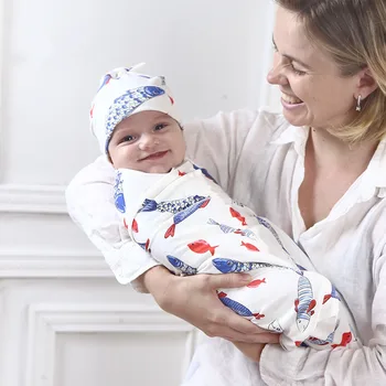 

100%Cotton Flamingo Fruit Print Muslin Diaper Baby Wrap Bedding Infant Swaddle Towel For Newborns Swaddle Blanket With a Hat