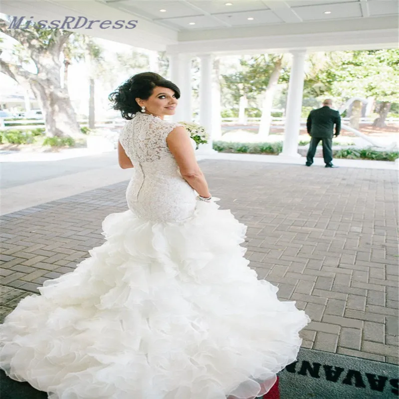2017 Русалка Кружева Органзы Плюс Размер Свадебное Платье Оборками Рукавов |