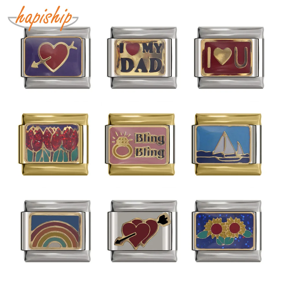 

Hapiship 2019 New 9mm Width Original Daisy Flower Heart Love Rainbow Cupid Charm Fit 9mm Bracelet Stainless Steel Link DJ128