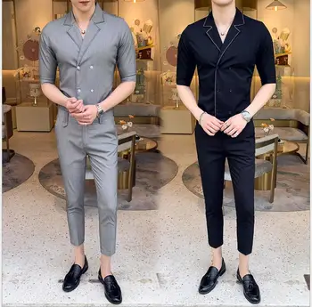 

2019 new summer men business casual shirt suit sets male England sleeves double-breasted men's suit nine pants