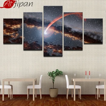 

AtFipan Home Decor Wall Art HD Prints Stars Track Black Holes Pictures 5 Pieces Abstract Glowing Dust Posters Canvas Painting