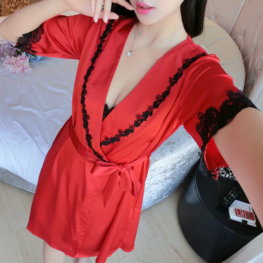 Модная новинка, Женская Сексуальная кружевная шелковая атласная ночная рубашка+ банный халат, пижамный комплект, пижама с коротким рукавом, комплект для отдыха, женская ночная рубашка