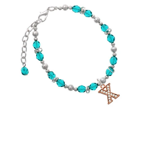Rose Goldtone Crystal Initial - X - Teal Beaded Bracelet