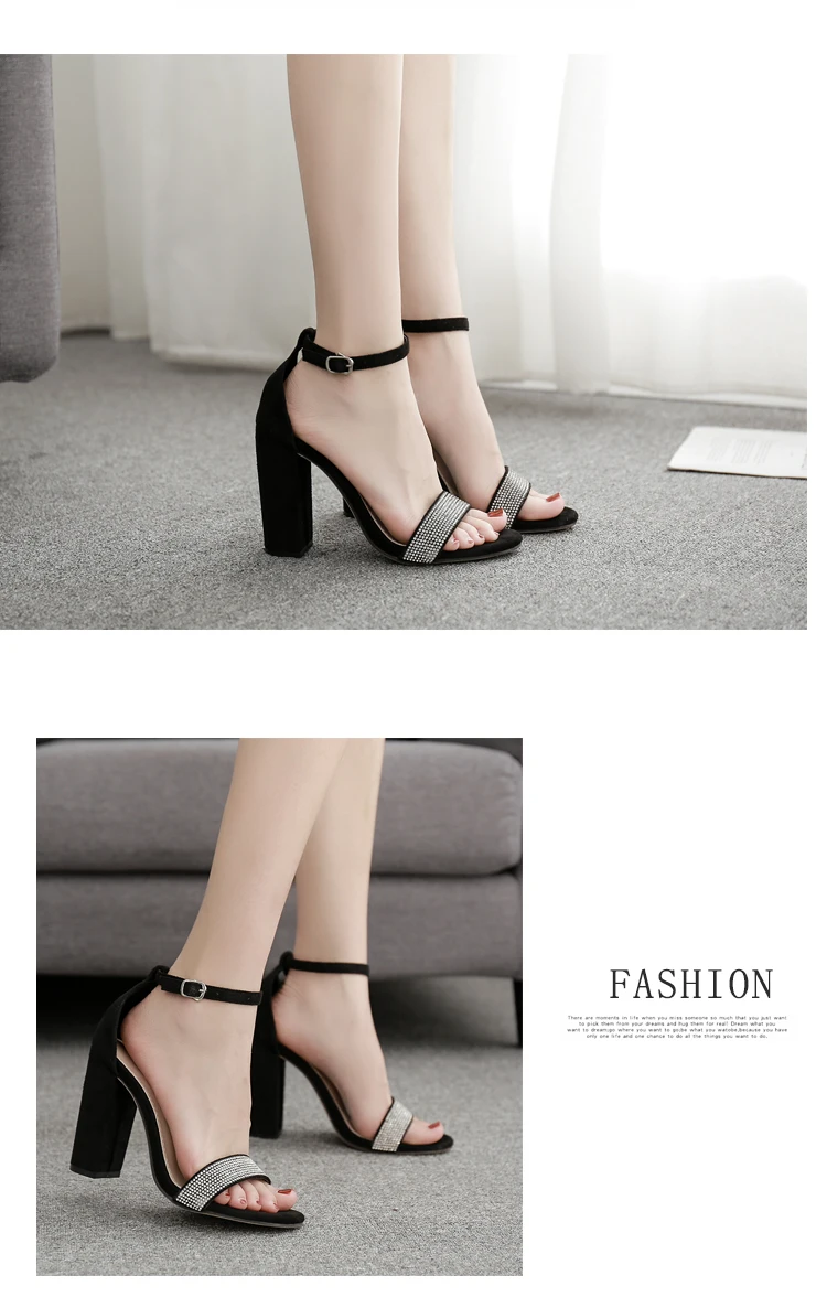 Aneikeh Fashion Flock Women Sandals Diamond Ankle Buckle Strap Square High Cover Heels PU Round Toe Office Black Size 35-42