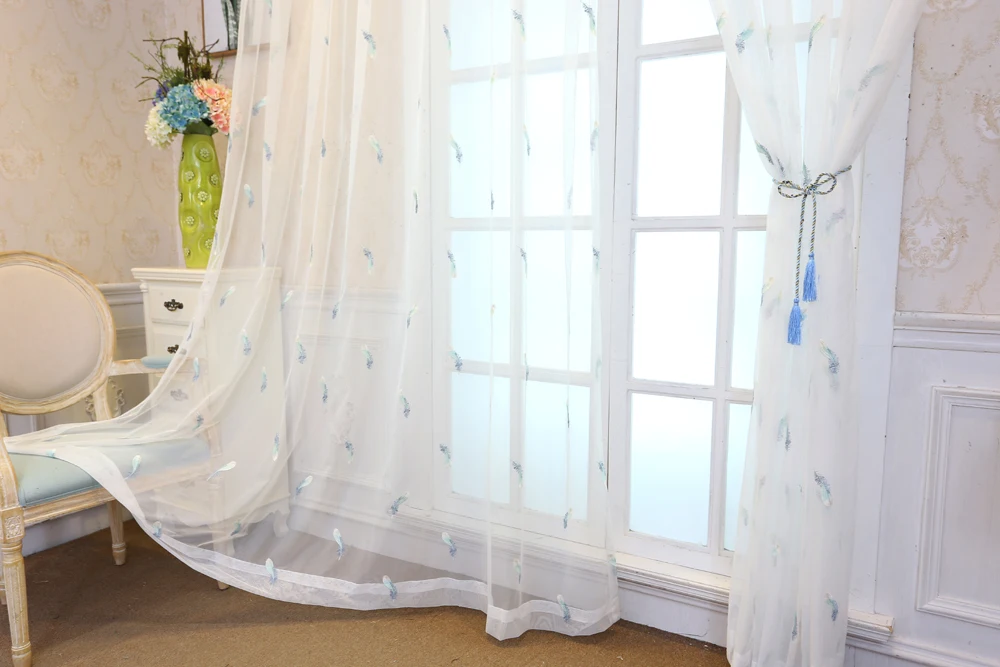 Feather Mesh Fabric Embroidered Tulle Curtains Living Room White Curtain Bedroom Bay Window Reday Made Curtain P056D3