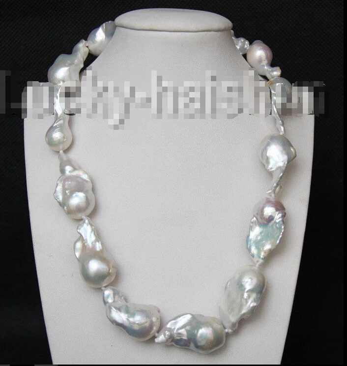 

Free shipping >>>>>>luster 17.5" 33mm white Reborn keshi pearls necklace filled gold clasp j9307