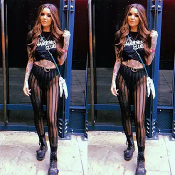 

Sexy Fashion Women's Leggings Ultra-Thin See Through Striped Stretchy Pants Lingerie High Waist Black