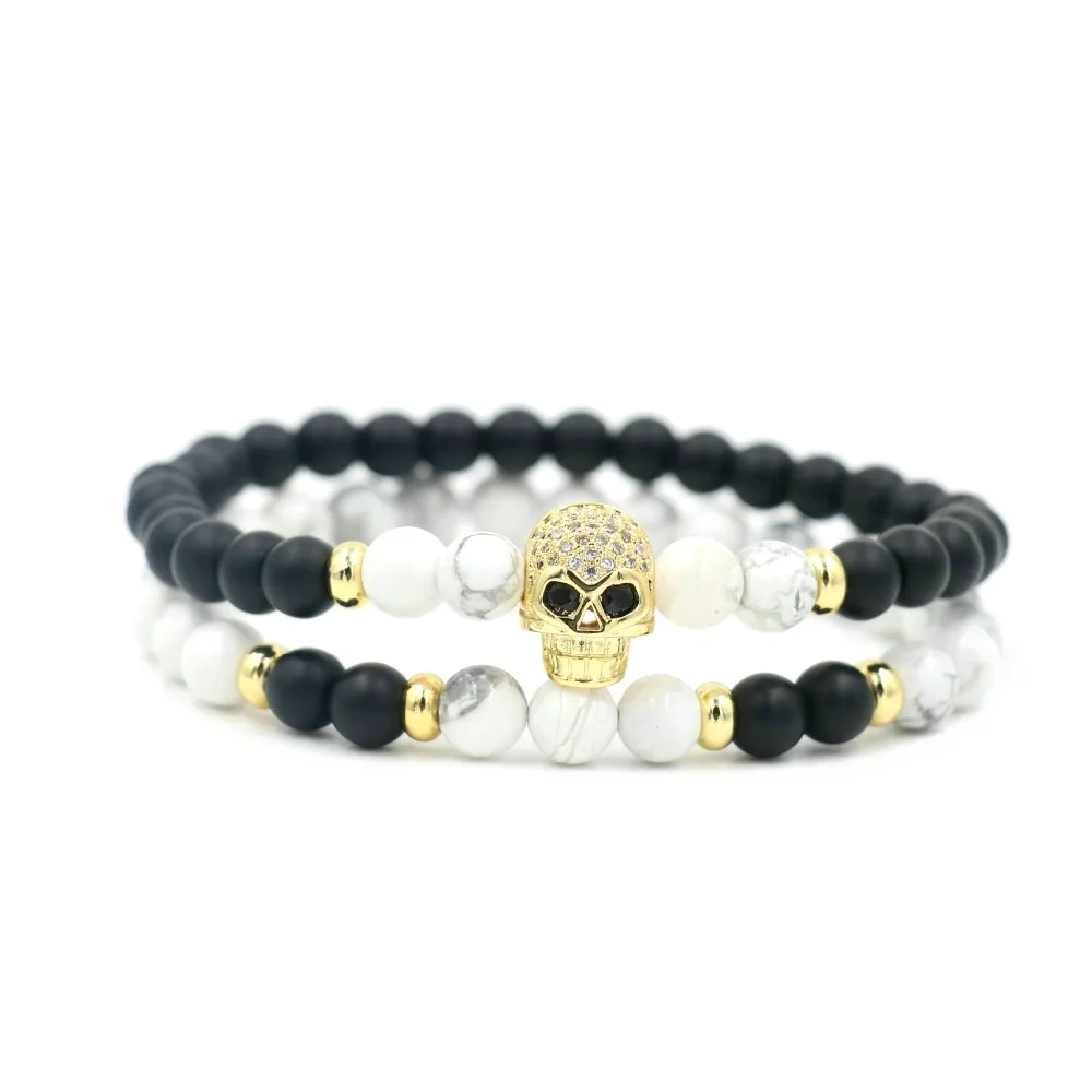 

2Pcs/Set 6 mm Black White Pine Beaded Strand Bracelets Skeleton Bracelet For Men Women Skull Jewelry
