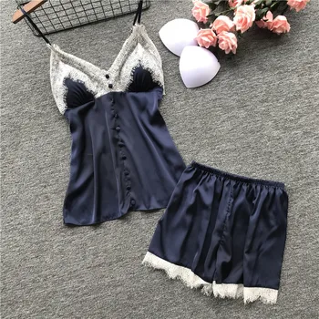 

Rayon Satin 2PCS Sleepwear Chaming Lady V-Neck Strap Top&Shorts Home Wear Lace Sexy Pajama Pijama Set Casual Pyjamas Nightwear