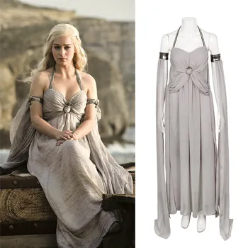 

New Cosplay Daenerys Targaryen Costume A Song of Ice and Fire Game Of Thrones Costume Long Halter Dress Halloween Costumes Gray