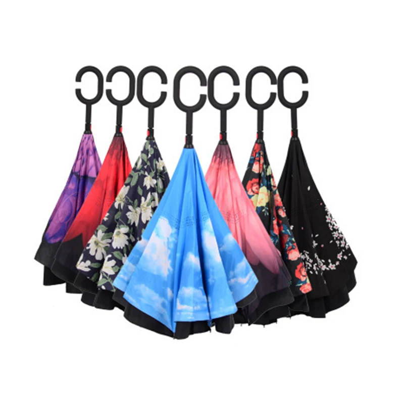 

Colorful C-Hook Windproof Reverse Fold umbrella For Car Long Shank Inverted Double Layer Rain Protection Umbrella Drop Shipping