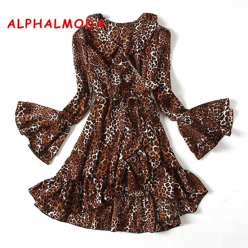 Женское платье с оборками ALPHALMODA леопардовым принтом длинными рукавами