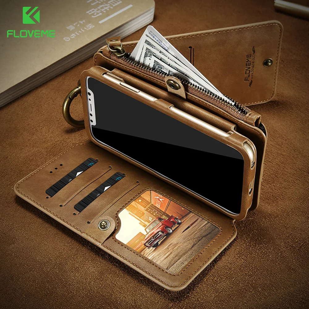 FLOVEME Retro Leather Wallet Case for iPhone 7 8 6 6s plus Card Slot Case for iPhone X XR XS Max 5s SE Cover Business Phone Bags