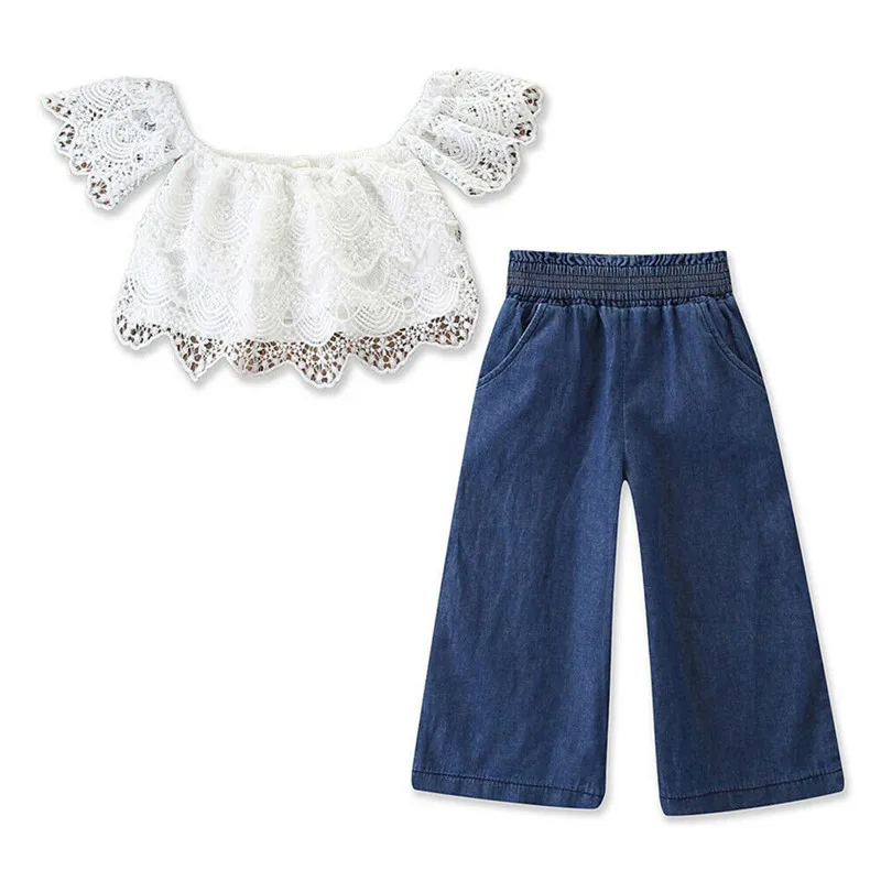 

Toddler Kids Baby Girls Outfits T-Shirt Tops+Broad-legged Jeans Pants Clothes Sets 2-7T