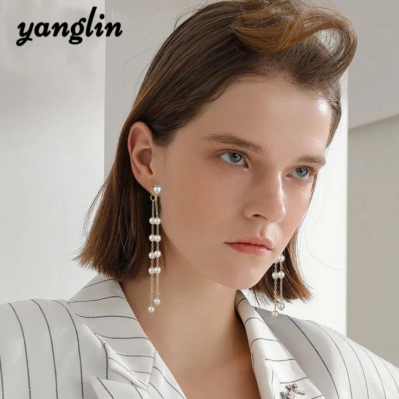 Korean Trendy Gold Color Simulated Peals Tassel Earrings For Women