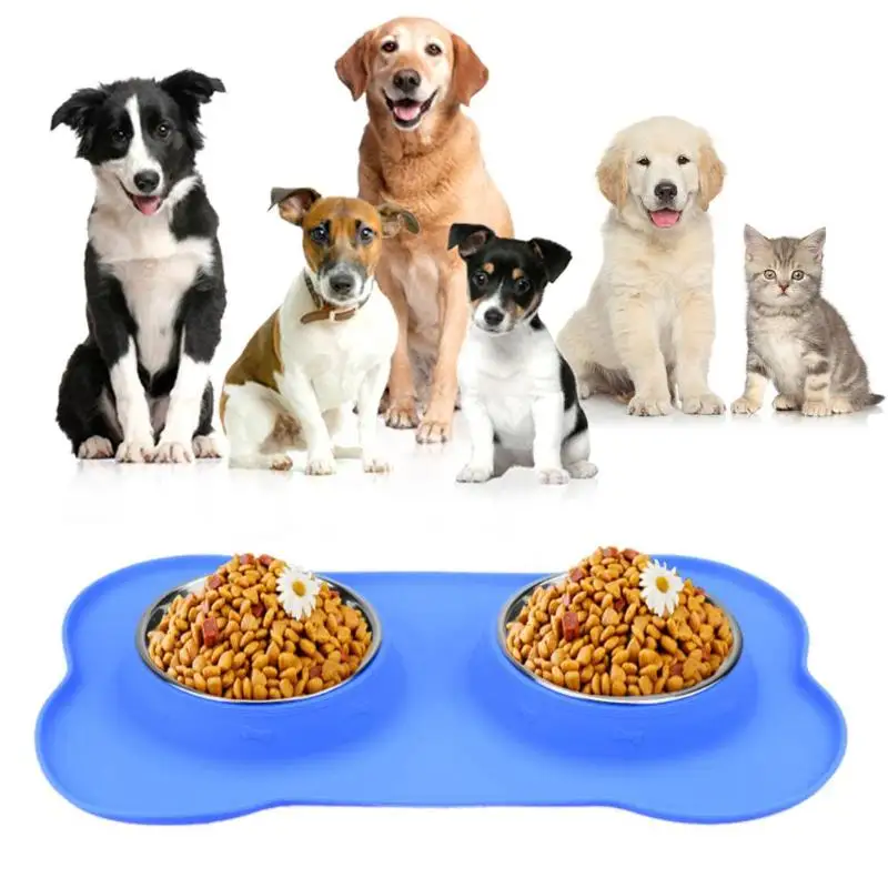 

Stainless Steel Double Dog Bowl With No Spill Non-Skid Silicone Mat Pet Container Feeder Tool Supplie Cat Dog Water Food Bowl