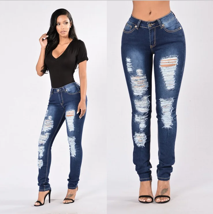 2018 Women Jeans HotSexy Ripped Washed Denim Skinny Pencil Pants Fashion Jeans Female Stretchy Full-Length Push Up Jeans Jeans