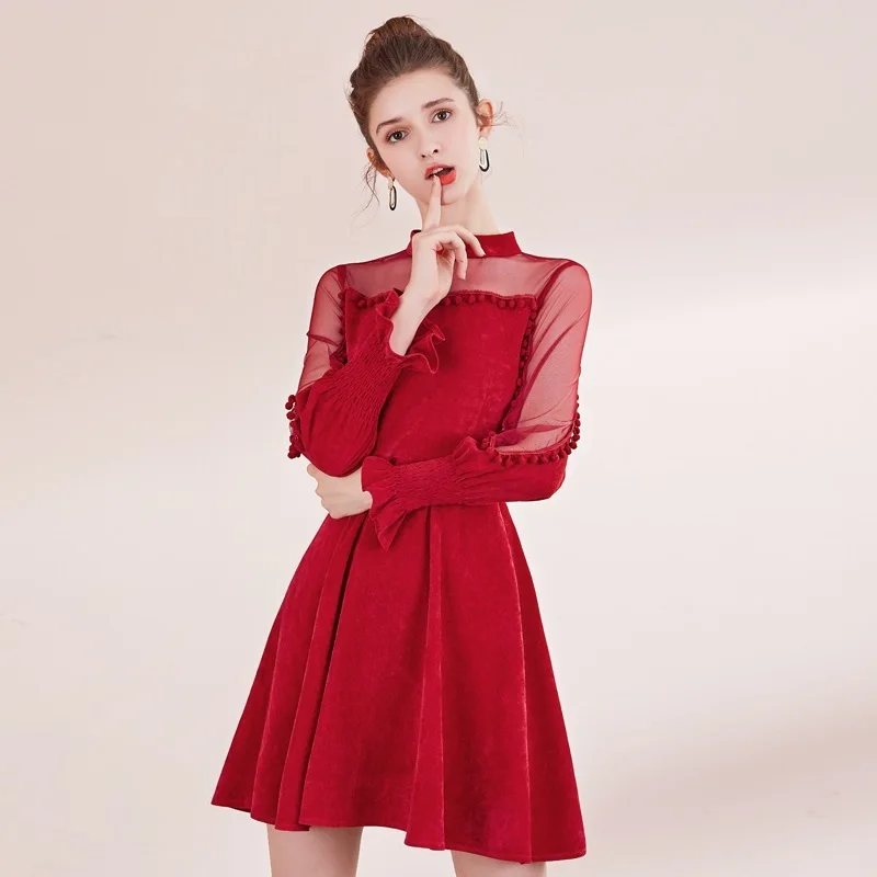 Красные Короткие Выпускные платья Vestido De Soiree Женский, с длинным рукавом платье Ceremonie Femme Бальные платья TS584