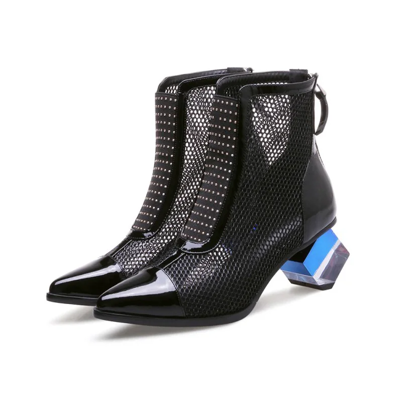 Summer Boots Shoes Woman 2018 Spring Fashion Mesh Ankle Boots For Women Patent Genuine Leather Color Block High Heels For Woman (28)