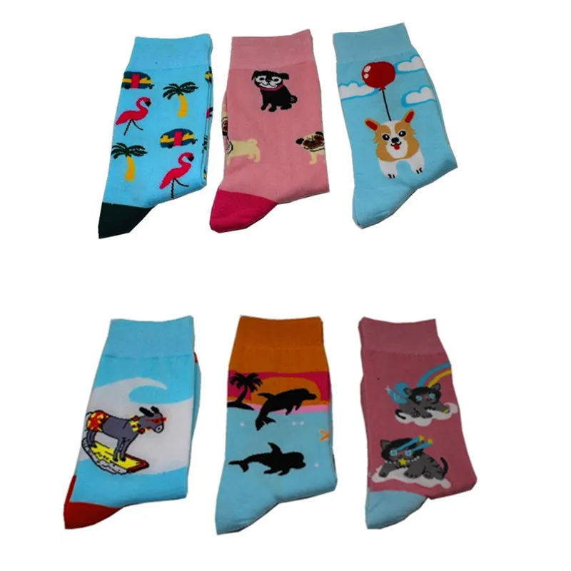 Cartoon animal print socks flamingos donkey dolphin cat balloon surfing cute fun women cotton sock autumn winter sporting casual