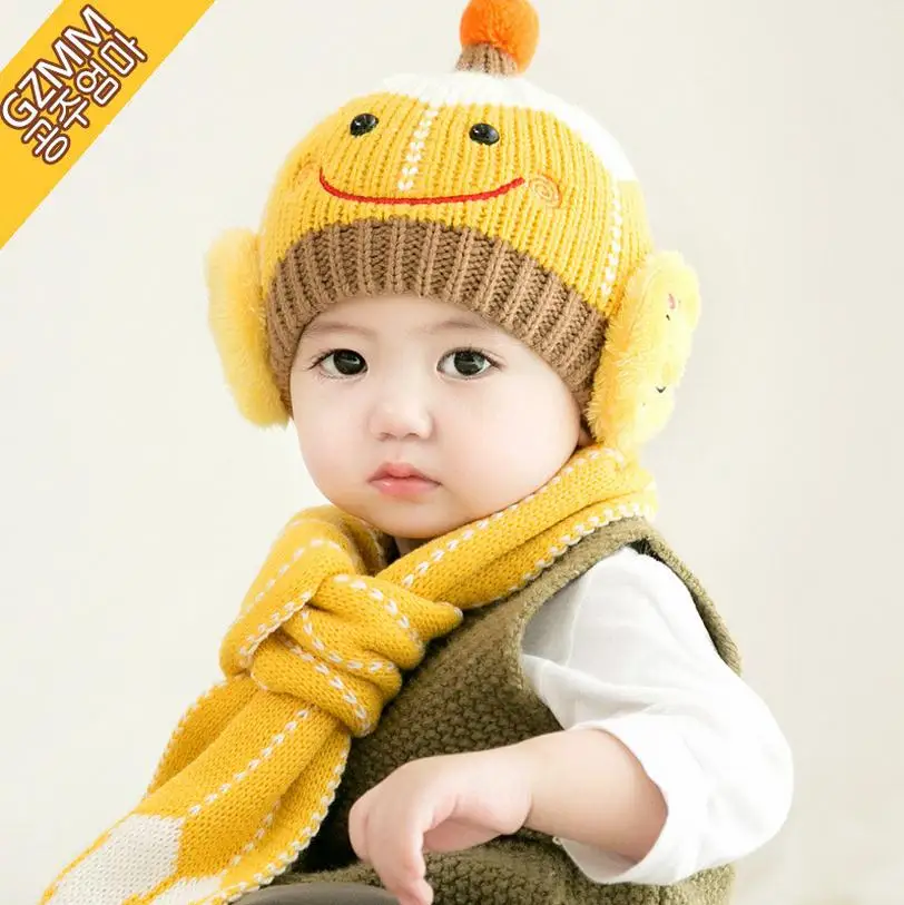 

2016 Korean Smile Face kids boys Knitted hats winter 2 pcs baby girl scarf hat set Age for 6 months-3 Years Old MZ4087