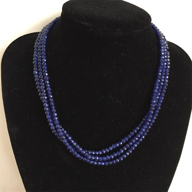 

Three-Layers Blue Sapphires Deep Red Rubies Green Emeralds Flat Oval Beads Necklace Natural Stone 3 Rows Jewelry Party Prom Gift