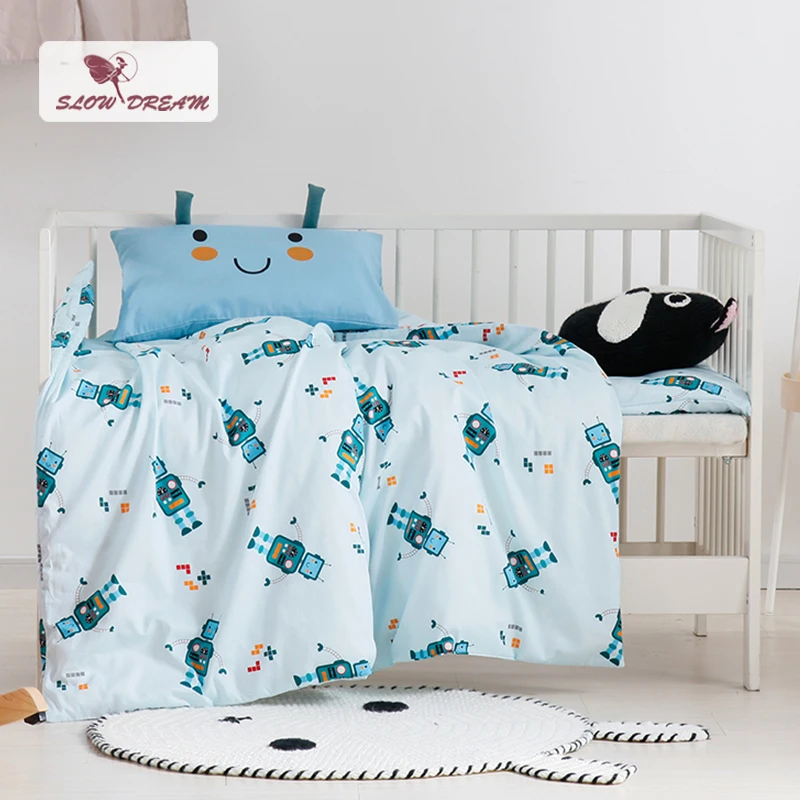 

SlowDream Cute Cartoon Robot Blue Bedding Set Kids Embroidery Duvet Cover Set 100% Cotton Home Textiles 3pcs