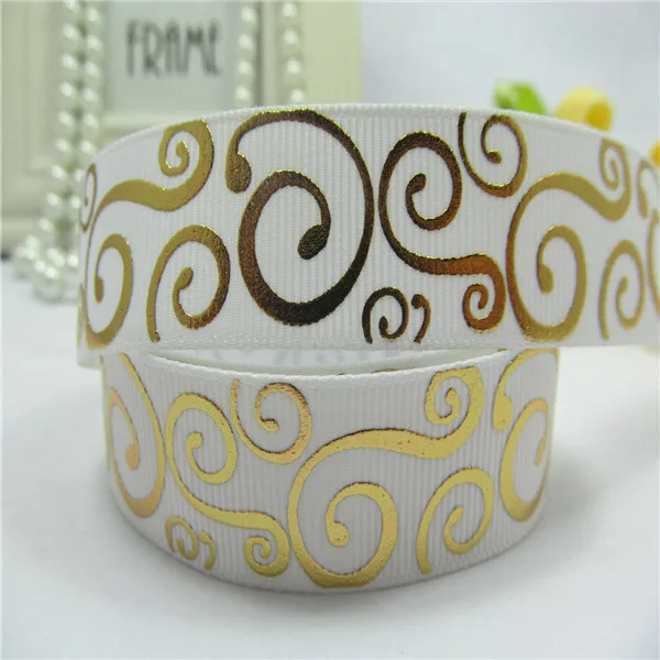 7/8" (22mm) Gold Foil Ribbon White Swirl Foil printed Grosgrain Ribbon