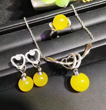 

Natural ice yellow chalcedony pendant ring earrings green chalcedony set 925 silver inlaid three-piece fashionable fresh