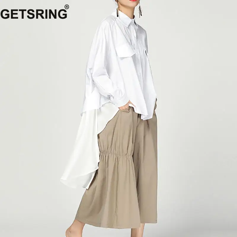 

GETSRING Women Blouses Chiffon Stitching Irregular Tops Women Asymmetrical Top White Women Shirts Loose Long Lady Summer Blouses