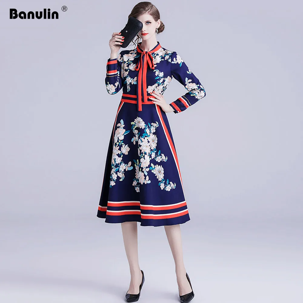 

Banulin 2019 Spring Fashion Designer Runway Dress Women's Long Sleeve Bow Collar Multicolor Floral Print Vintage Dress vestidos