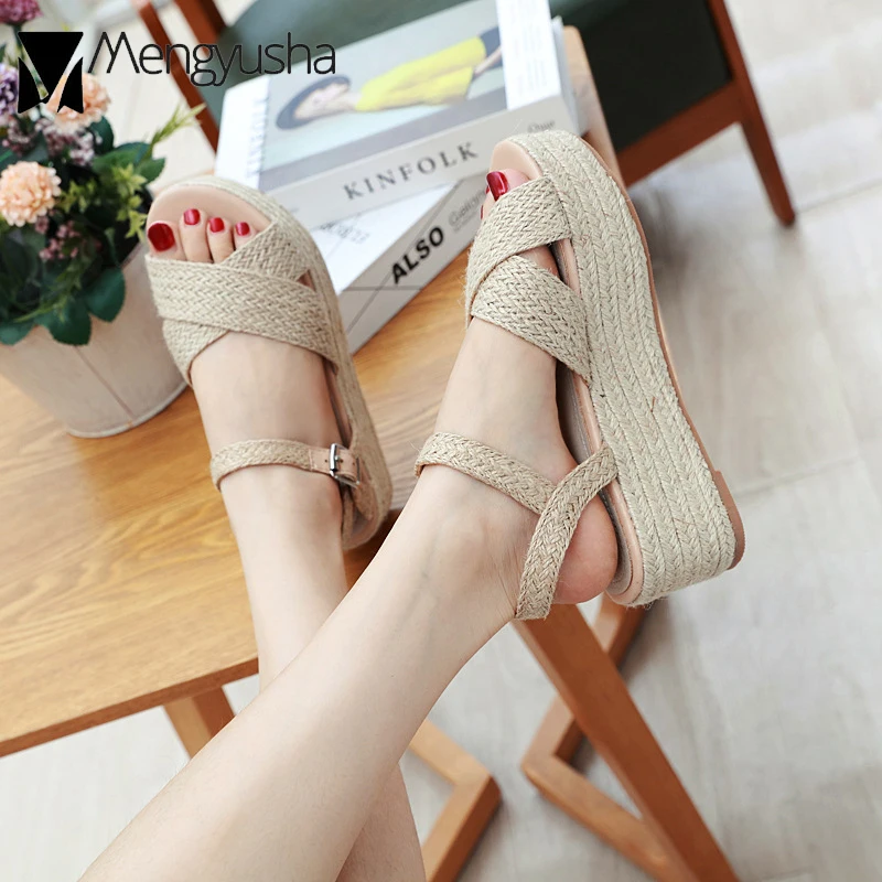 Sandalias de plataforma de punto de paja romana para mujer de mimbre  zapatos de playa sandalias de banda cruzada de pescadores chanclas  gladiador Muffins Sandales|Sandalias de mujer| - AliExpress