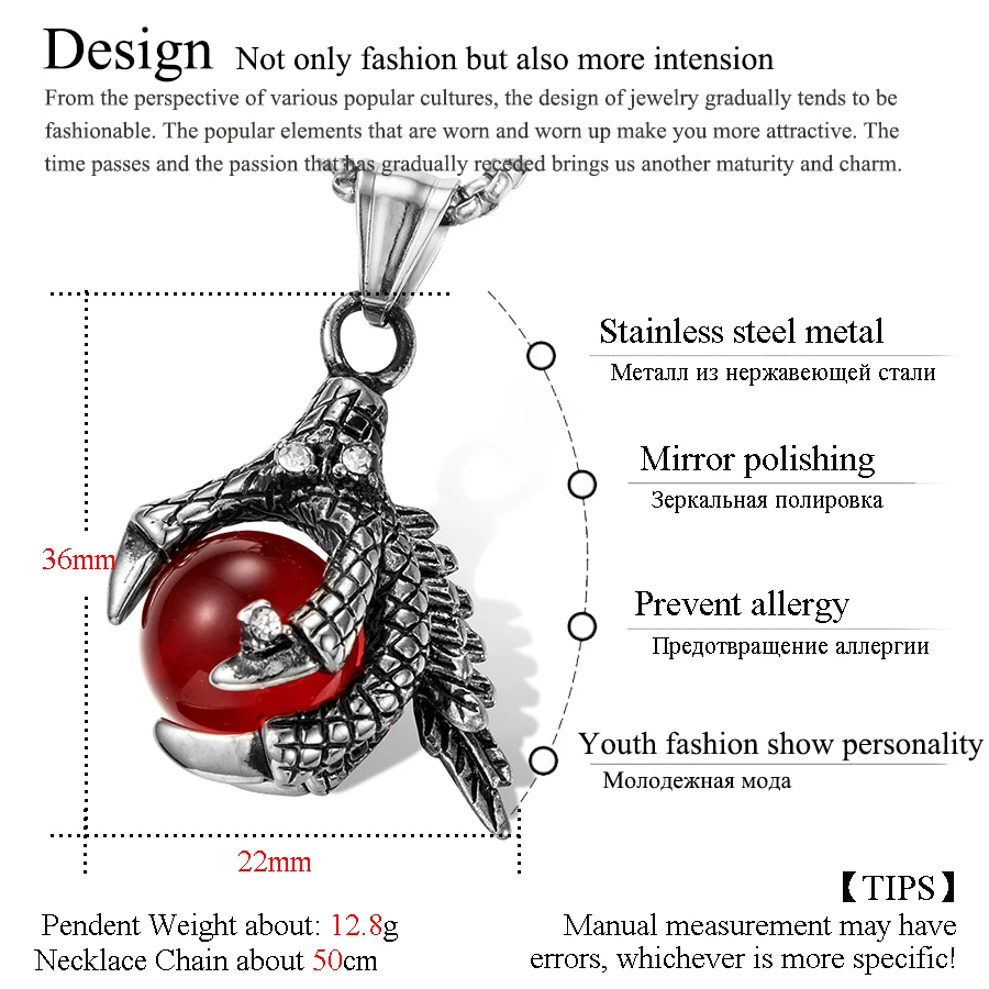 Punk dragon claw crystal beads stainless steel pendant necklace size