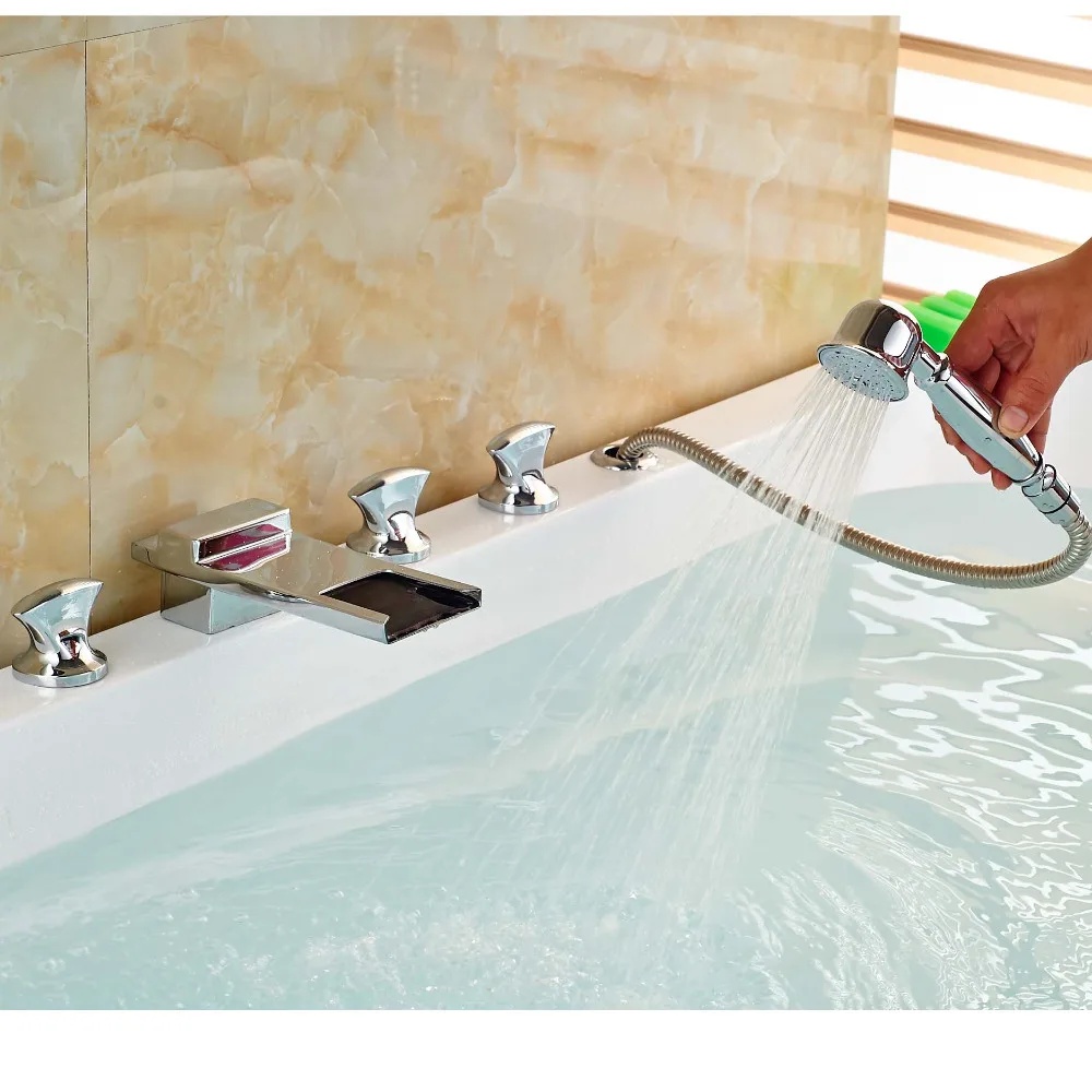 

Chrome Widespread Bathroom Bathtub Waterfall Faucet Mixer Hand Shower Set 5pcs
