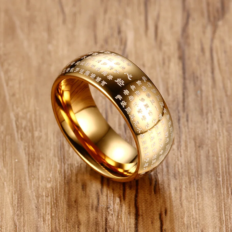 Men's Wisdom Heart Sutra Dome Ring in Chinese Words for Men Stainless Steel Folk-custom Buddhism Band Religious Male Jewelry 8mm