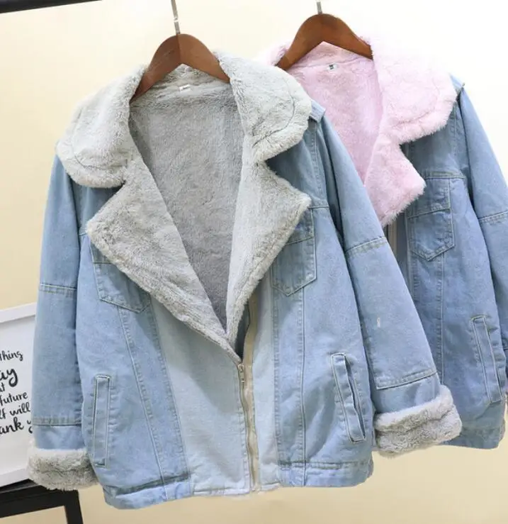 Зимнее женское свободное утолщенное кашемировое джинсовое пальто из овечьей шерсти с лацканами для девочек Джинсовая хлопковая куртка для студентов теплые джинсовые пальто Верхняя одежда
