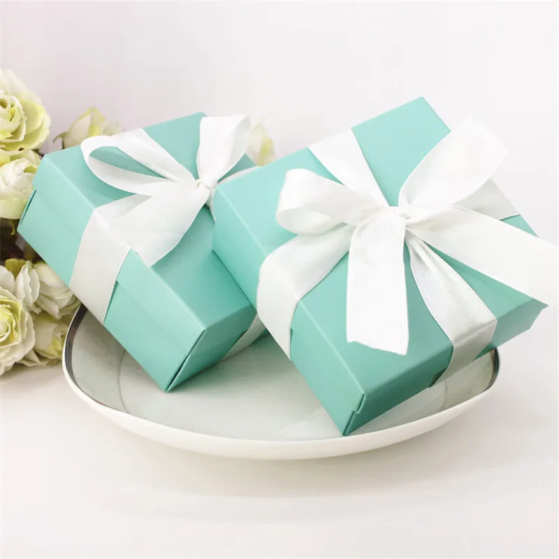 10 шт./лот Tiffany Blue Свадебная коробка для конфет с белой лентой DIY красивая подарочная коробка для ювелирных изделий 6,5*6,5*3,8 см