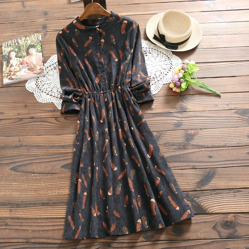 

Mori Girl Spring Fall Women Vintage Dress Stand Collar Casual Loose Female Robe Retro Elegant Corduroy Midi Lady All-Match Dress