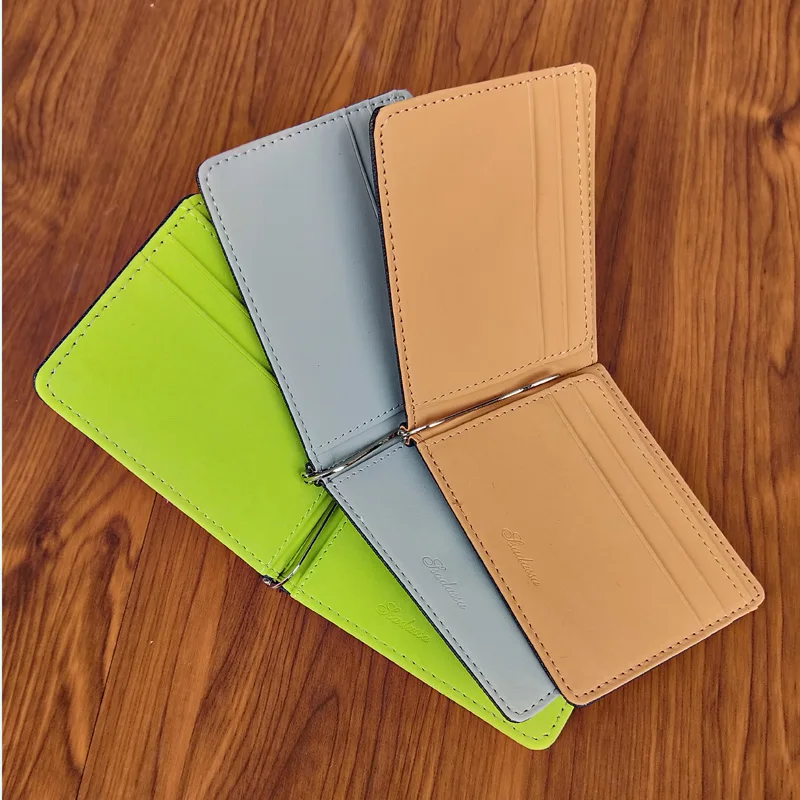 Slim Men's Leather Money Clips Wallets Women Casual Purse Metal Clamp Small Bag Man Credit Card Slots Cash Holder credit card holder metal money clip leather coin purse leather bill organizer leather hand bag