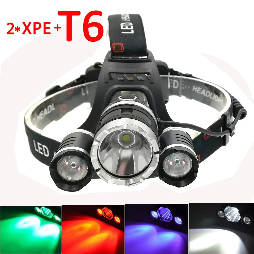 XML T6+ 2x XPE светодиодный налобный фонарь, 3 светодиодный налобный светильник, 4 режима, Головной фонарь, светильник-вспышка, белый/красный/зеленый/фиолетовый светильник, лампа для рыбалки, охоты