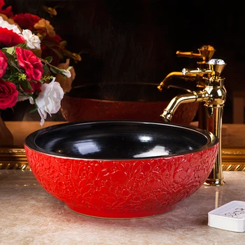 

Red and black China Artistic Handmade porcelain Round bathroom counter top ceramic sink bathroom art basin washbasin