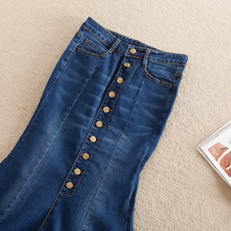 Синие однобортные длинные джинсовые юбки на пуговицах женские большие размеры XS-7XL макси юбки осенние высокие уличные Джинсовые Юбки Русалки 2906LY