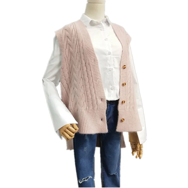 

Vintage Twist Knitted Women's Vest Irregular Casual Pink Female Cardigan Knitting Spring Coat Female Vest Lady's Sweater Coat