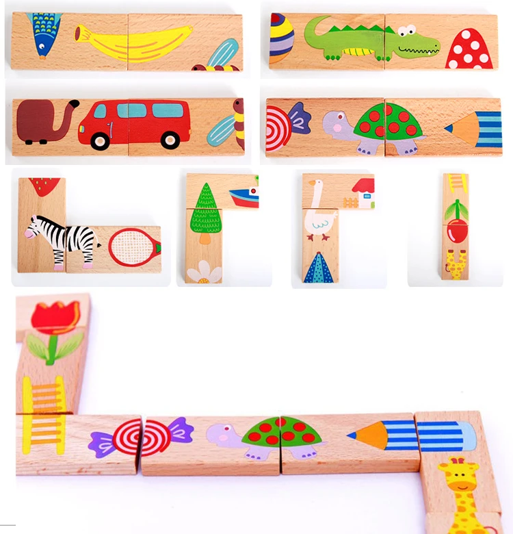 28 шт. мультфильм животных автомобиль домино блоки деревянные классические игрушки домино деревянные игрушки строительные блочный интеллектуальный игрушки для детей