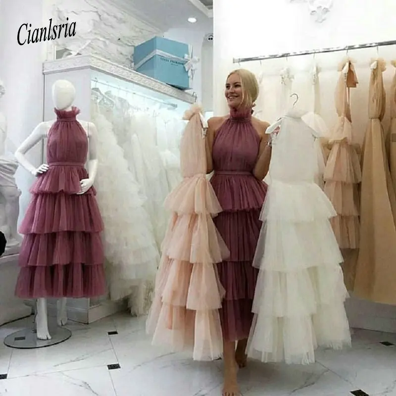 

Tiered Tulle Prom Dresses 2019 White Pink Black Custom Made Tea Length Elegant Women Formal Party Gown vestido gala