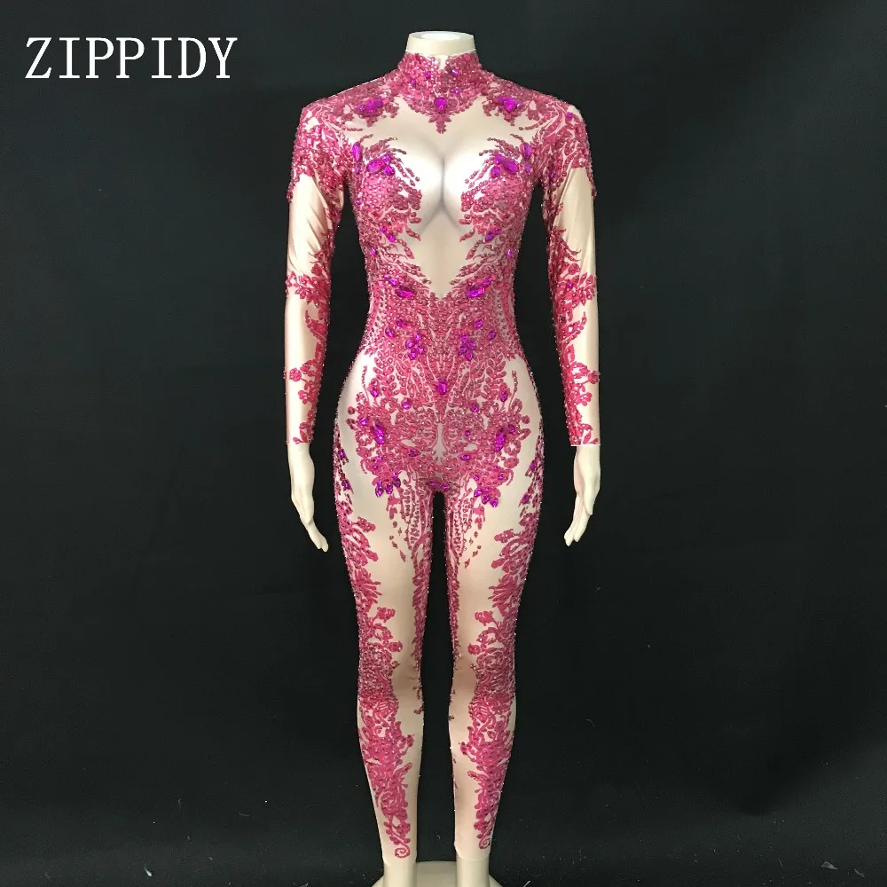 

2019 Rose Stones Sparkly Jumpsuit Fashion Spandex Stretch Shining Dance Costume One-piece Bodysuit Nightclub Outfit Leggings