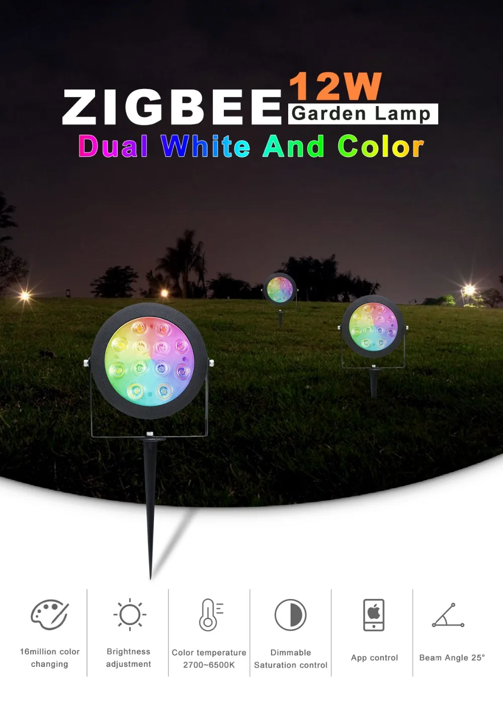 Trabalho com Alexa Rgb + Cct Zigbee Inteligente Jardim Lâmpada 12 w App Controle Ac100-240v Dupla Branco Outdool Luz Ligação 3.0 Led 8 alexa ac100-240v dupla branco outdool luz zigbee ligação 3.0