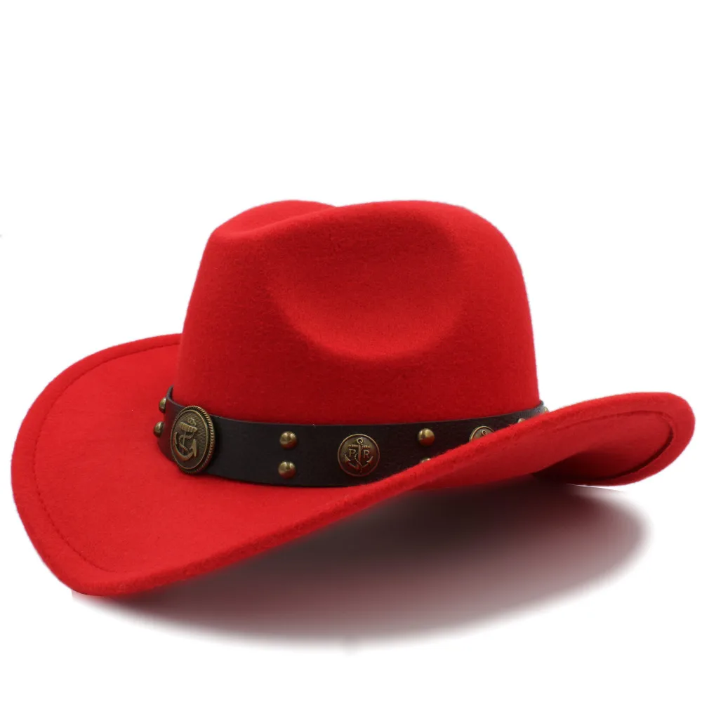 Модная женская шерстяная западная ковбойская шляпа с откатными полями женская Вуалетка Джаз Конный сомбреро Hombre Fedora cap размер 56-58 см - Цвет: Red